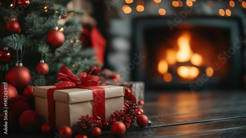 Christmas tree and holidays present on fireplace background