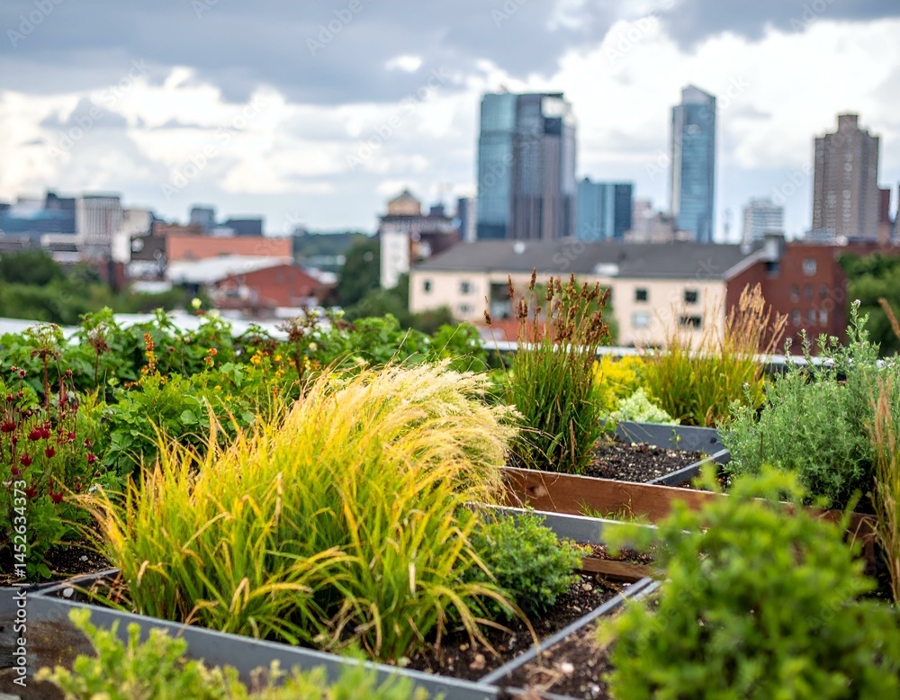 Fototapeta premium Urban rooftop garden with various plants and grasses against a blurred cityscape backdrop. Image showcases vibrant greenery contrasting with modern architecture.