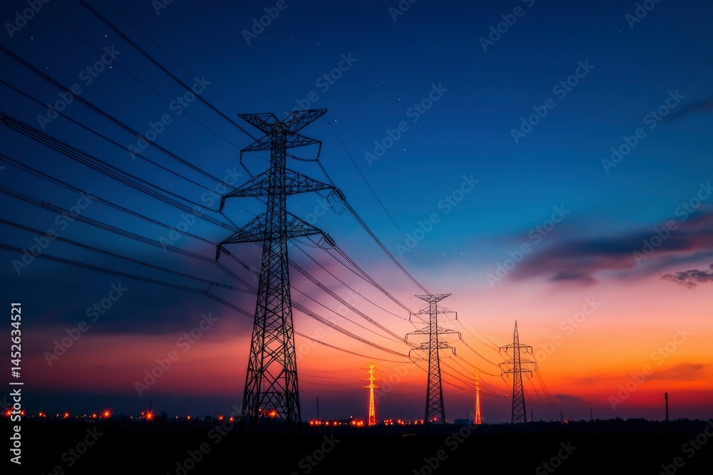 Fototapeta premium Power lines silhouette against colorful sunset sky, transmitting energy across the landscape