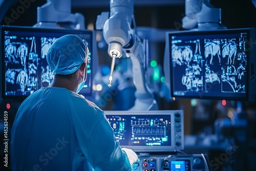 Robotic Surgical System Control Console: A surgeon operating a robotic surgical system with multiple robotic arms performing intricate procedures, emphasizing the precisi