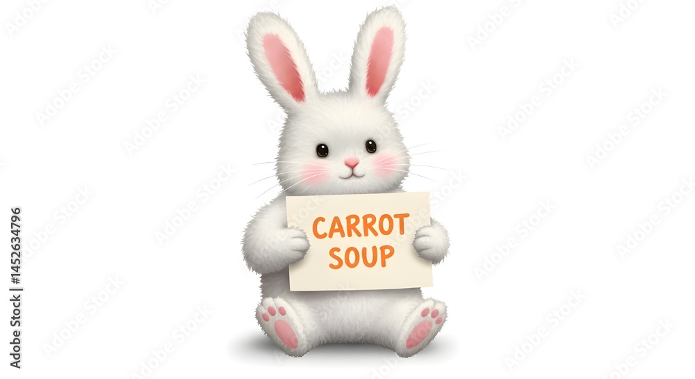 Fototapeta premium Adorable fluffy white cartoon rabbit holding a sign 