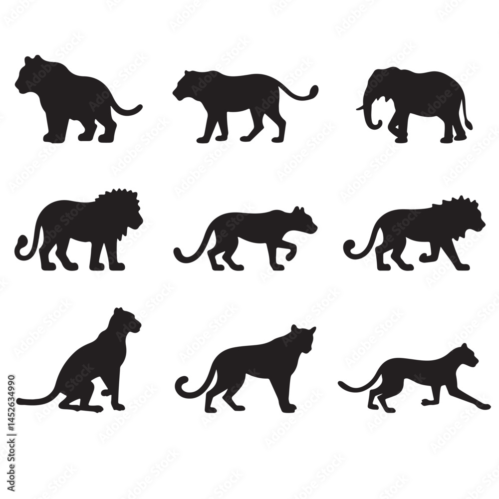 Obraz premium vector black silhouette set of wild and farm animals collection