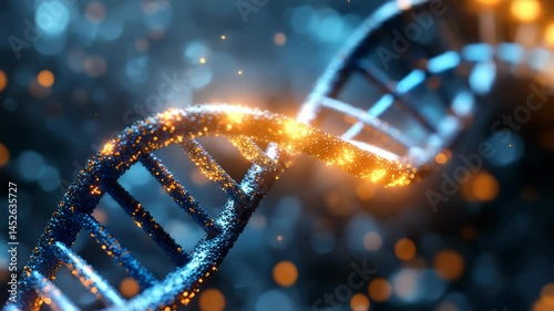 Close-up 3d video of a dna double helix rotating against a blurred background, representing genetic research and biological innovation