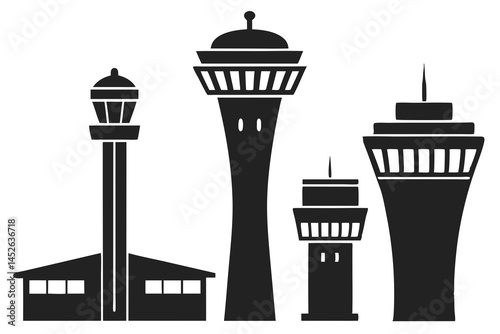 set of Air Traffic Control Tower silhouette vector illustration