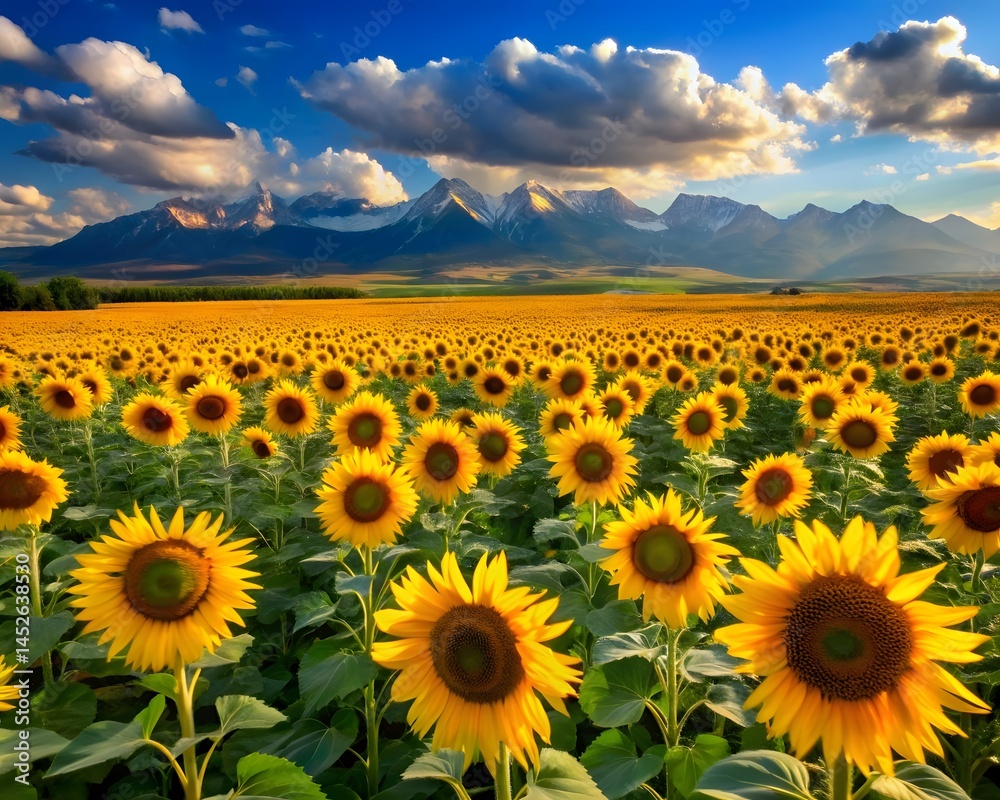 Obraz premium A field of yellow sunflowers with a mountain in the background. The sunflowers are in full bloom and are scattered throughout the field