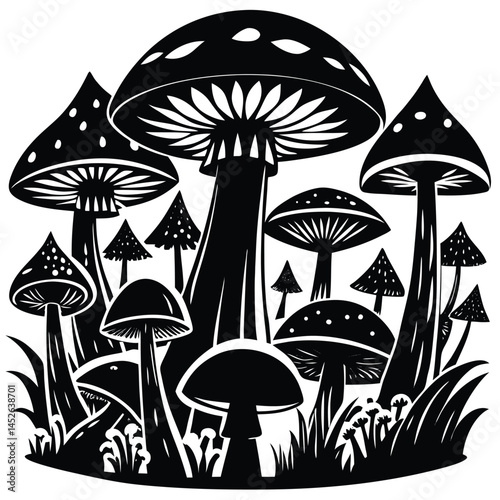 Black and White Mushroom Illustration: Fungi, Toadstools, Forest, Nature Art