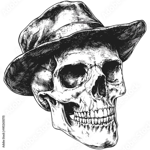 Vintage skull with hat, black and white sketch, hand drawn halftone style, engraving vector illustration, gothic artwork, monochrome design, hipster skull, retro tattoo art, classic style