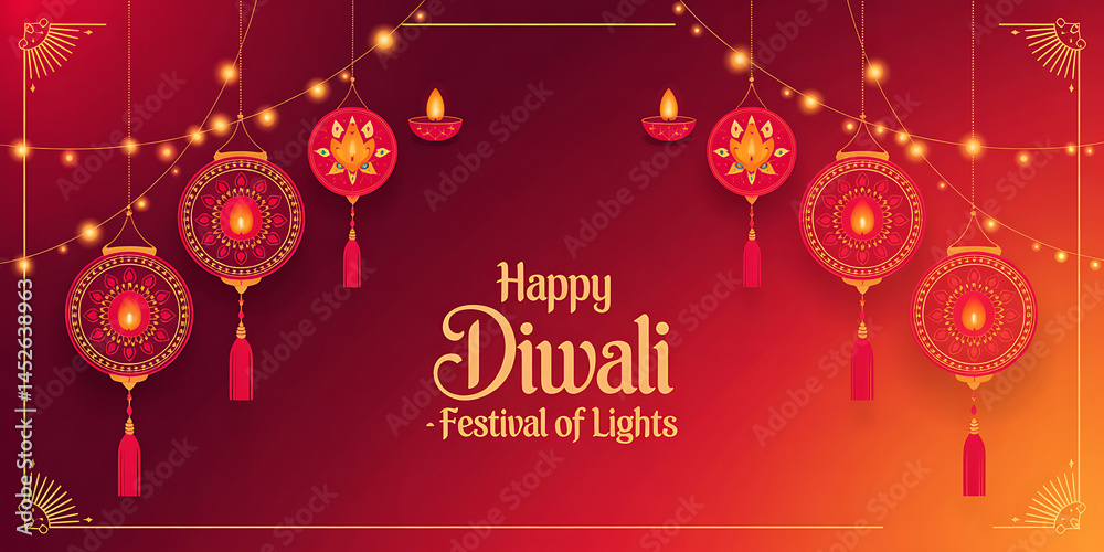 Fototapeta premium Diwali Festival Banner Featuring Traditional Indian Paper Lanterns Hanging Against a Rich Red Gold Background with Glowing Fairy Lights Festive Patterns Ideal for Holiday Greetings Digital Invitations