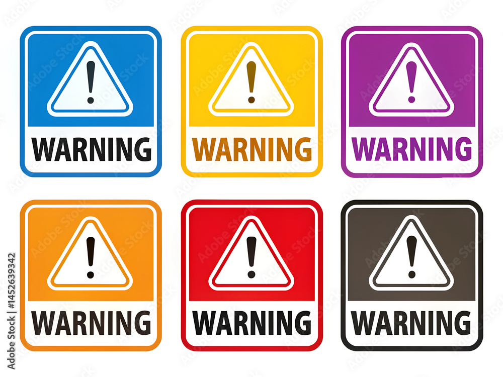 A warning sign with a red triangle and the word warning. The sign is in different colors. There are six signs in total A warning sign with a red triangle and the word warning. The sign is in different colors. There are six signs in total