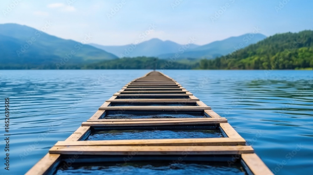 Aquaculture Sustainable Practices Concept, Scenic View of a Wooden Pier Leading into Serene Waters Under a Blue Sky with Mountains in the Background