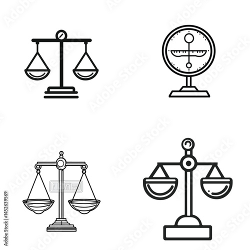 Four Balance Scales Icons in Black Outline Isolated on Transparent Background Graphic