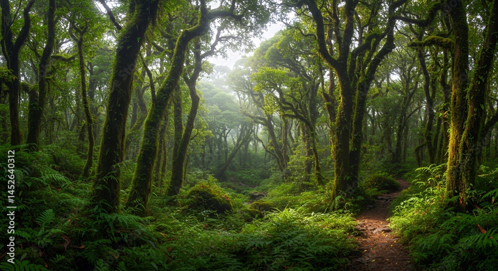 Obraz premium Lush, misty forest path illuminated by sunlight.