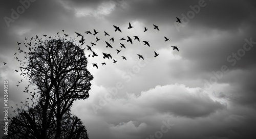 AI image surreal black and white scene: birds flying from a tree shaped like a human head, suggesting thoughts escaping, loss, release.