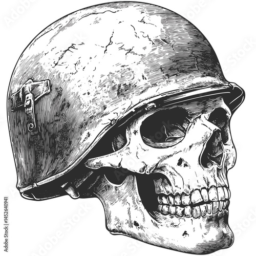 Skull with army helmet, engraved woodcut vintage vector, black sketch style, old hand drawn illustration, war themed skull, retro helmet skull, grunge battle art, military gothic head