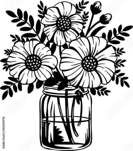 Floral Mason jar vector illustration, Vintage canning jar clipart design. Wildflowers in glass bottle.