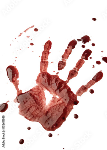 Bloody handprint red stain isolated on white dramatic crime scene horror forensic splatter emotional tension fear