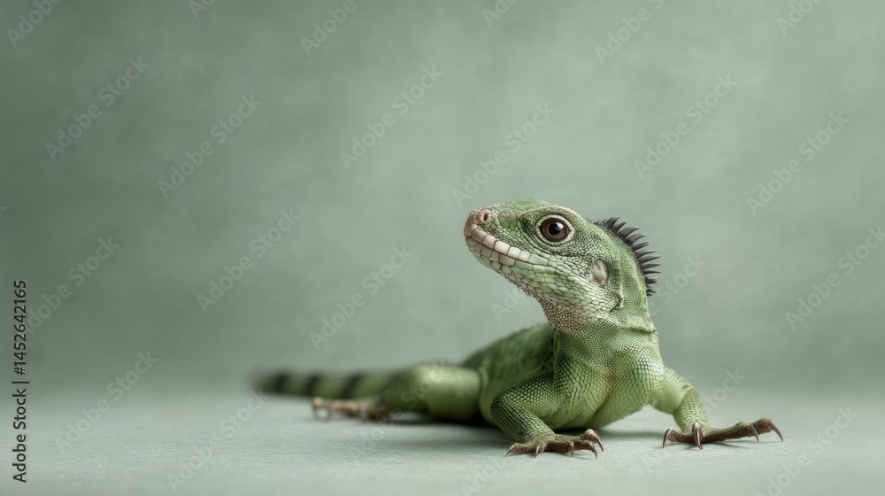 Obraz premium Close-up of a vibrant green lizard, looking curious and alert, against a soft sage green background. Captivating reptile portrait.