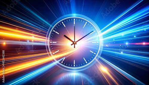 Futuristic clock speeding through vibrant light trails. Represents time, speed, progress, and technology. Ideal for websites, presentations, and social media.