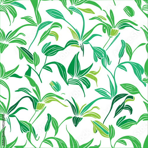 Verdant botanical pattern featuring shades of green foliage on white backdrop