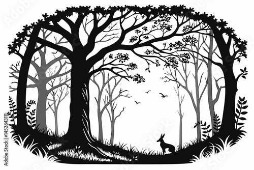 black and white magic forest frame. silhouette of a fabulous, magical forest. 