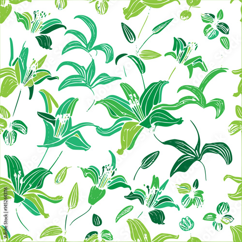 Botanical pattern design with vivid green floral accents creating freshness