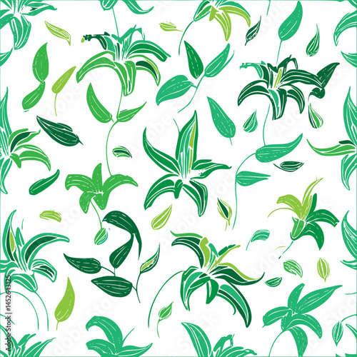 Stylized floral pattern with green lilies and leaves offering a fresh aesthetic