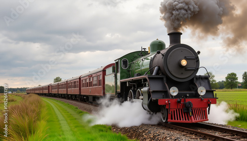 Vintage steam locomotive traveling through lush green countryside  