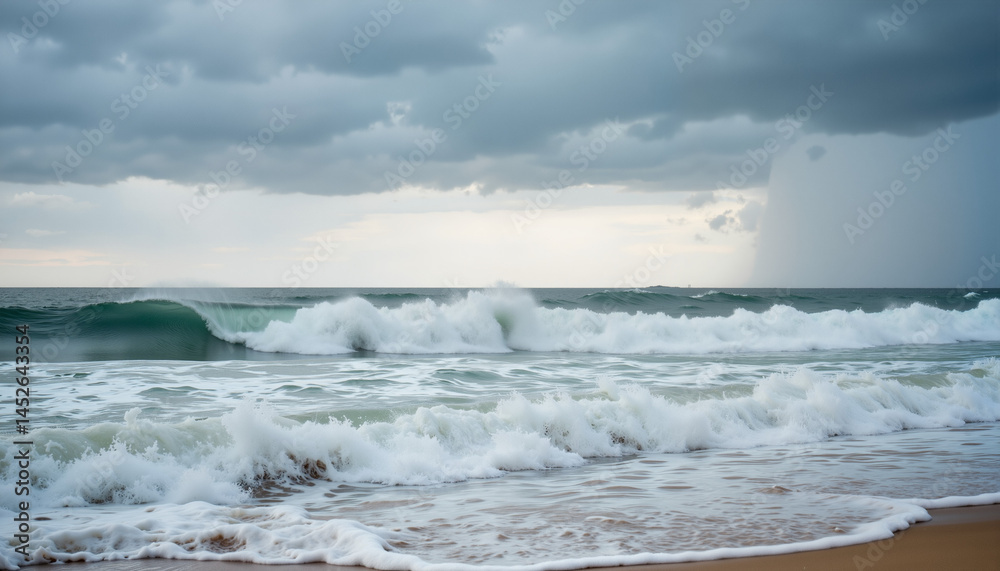 Fototapeta premium Ocean waves crashing on sandy beach under cloudy sky 