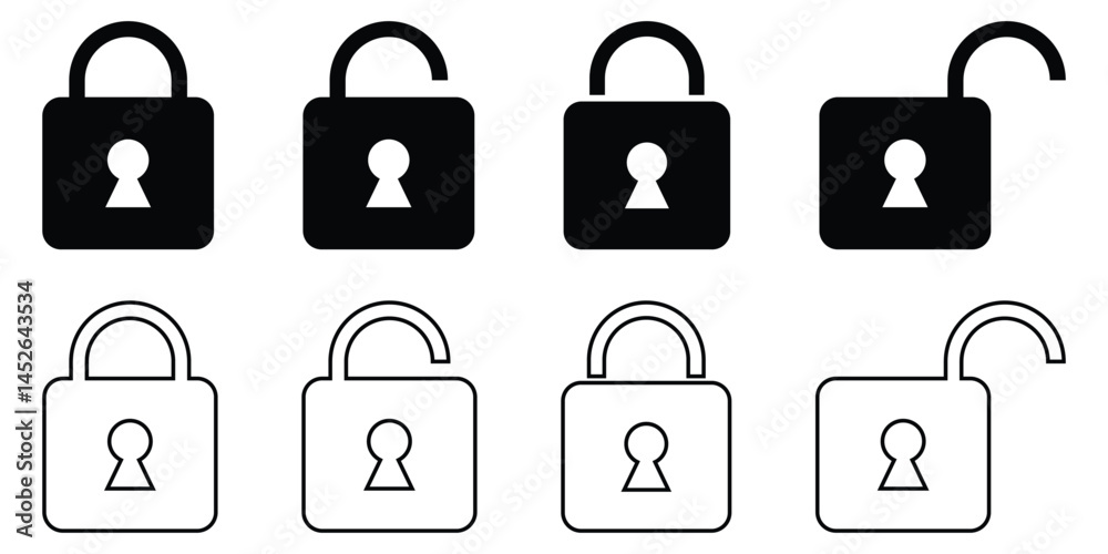 Lock and Unlock Icons Set – Security, Privacy, and Padlock Symbols for Web and App Design. Lock and Unlock Icons Set – Security, Privacy, and Padlock Symbols for Web and App Design.