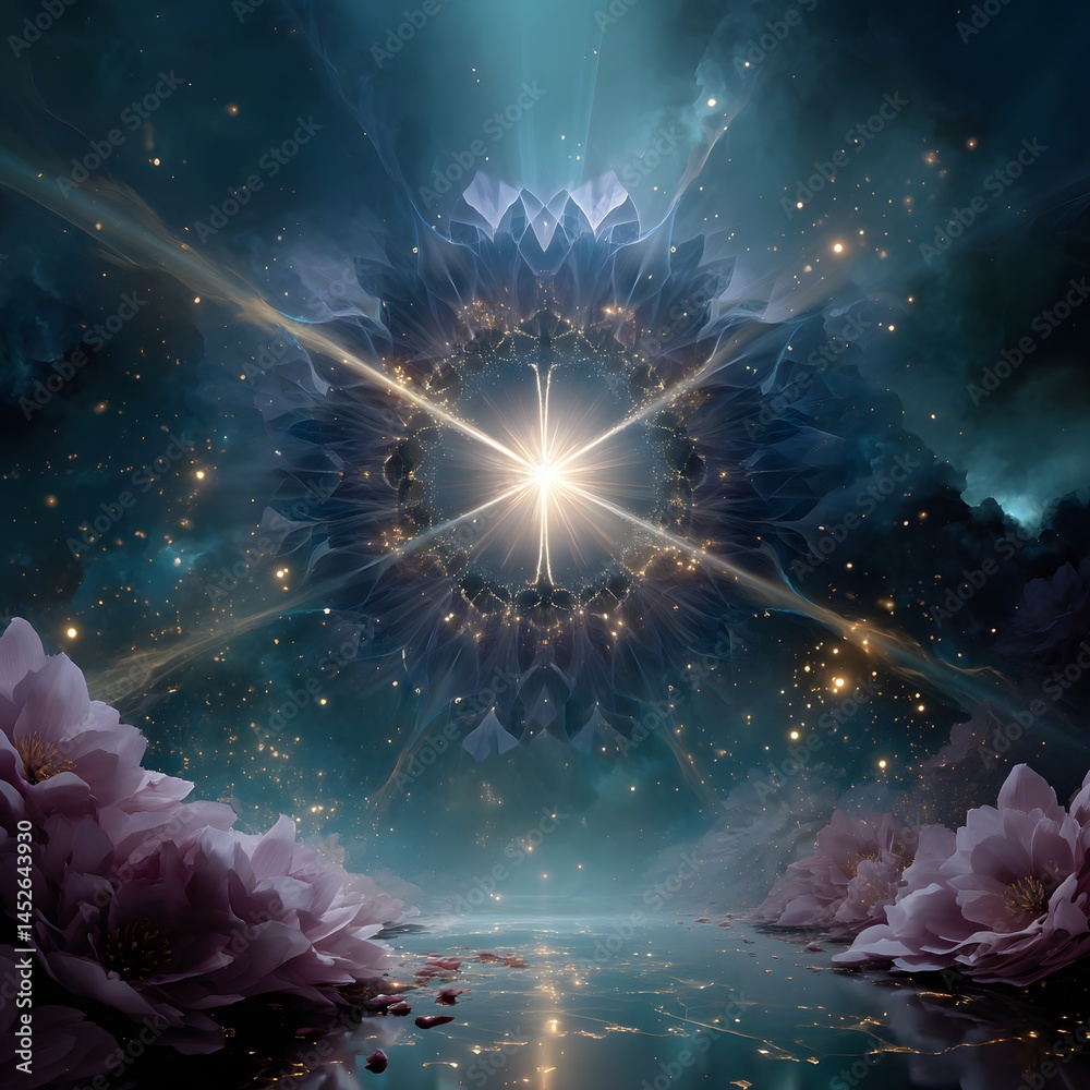 Fototapeta premium Ethereal Cosmic Light Springing from a Floral Mandala in a Dreamlike Universe with Stars and Mist