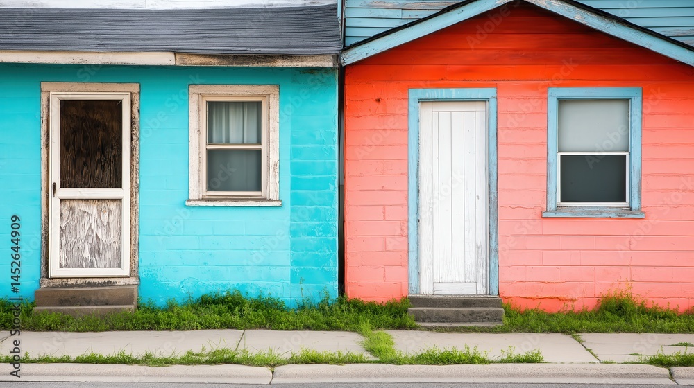 Fototapeta premium Two colorful adjacent houses, one painted blue and the other pink, with contrasting doors and windows, separated by a narrow boundary.