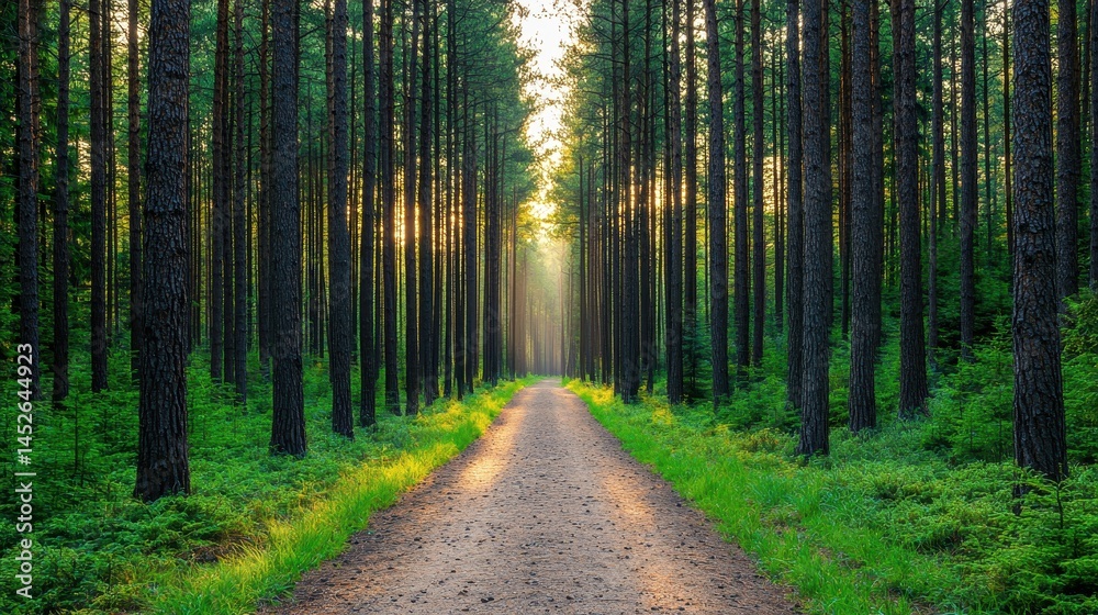 Obraz premium Serene Forest Pathway Glowing with Sunrise Through Tall Trees