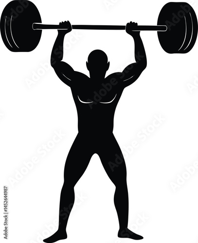 A silhouette of a person lifting a heavy barbell on white background