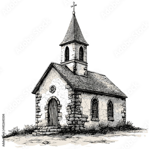 Small Chapel in Stone, Traditional Church Woodcut, Black Sketch in Vintage Style, Old Religious Architecture, Historic Building Drawing, fine line engraving, rustic church art