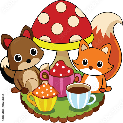 Coloring page of Mushroom Village with Animal Residents Vector Illustration
