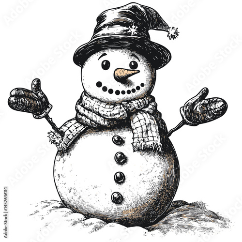 Snowman 2, hand drawn vintage sketch, woodcut engraving style, retro snow scene vector, old fashioned winter holiday, classic seasonal illustration, black line art, antique print style