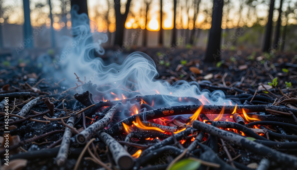 Smoky Fire Glowing Among Sticks at Sunset in the Forest Smoky Fire Glowing Among Sticks at Sunset in the Forest