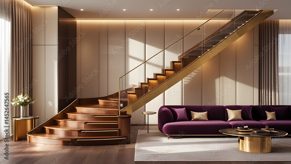 Fototapeta premium 3D Rendering of a Luxurious L-Shaped Staircase with Plum and Gold Interior Accents 