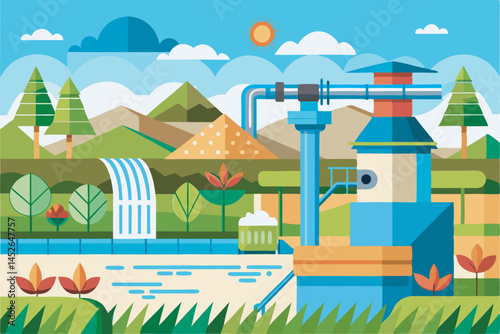 A detailed vector art illustration showcasing an advanced irrigation system, featuring pipes, sprinklers, and water distribution elements for agricultural landscapes.