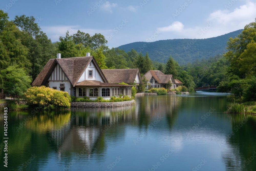House on Lake Surrounded by Trees with Mountain Backdrop House on Lake Surrounded by Trees with Mountain Backdrop