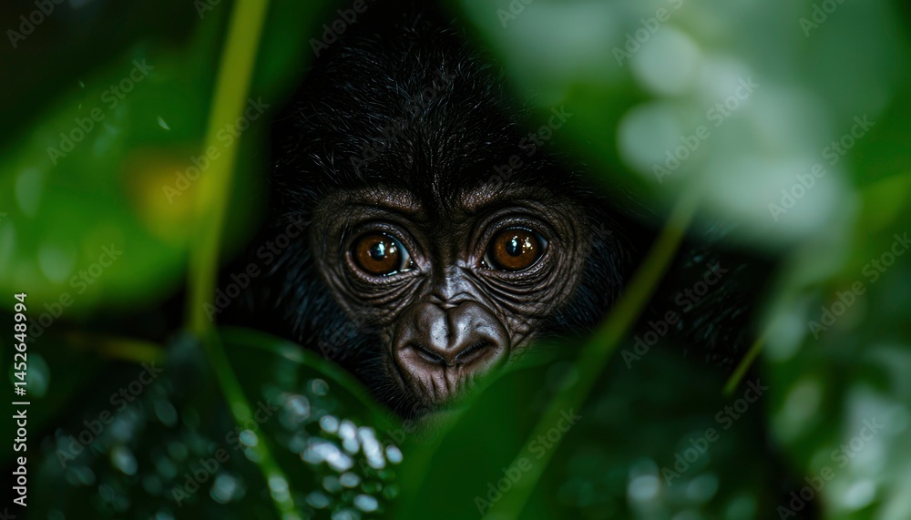 Obraz premium A monkey peeks through leaves, its bright eyes searching. Wet, green plants frame the gaze