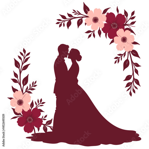 Couple embracing wedding silhouette, floral frame, maroon, pink, for invitations