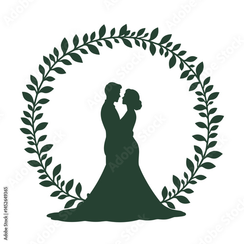 Couple embracing in a laurel wreath, wedding invitation design, green silhouette