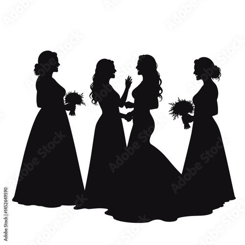 Brides and bridesmaids wedding silhouettes, black, for invitations