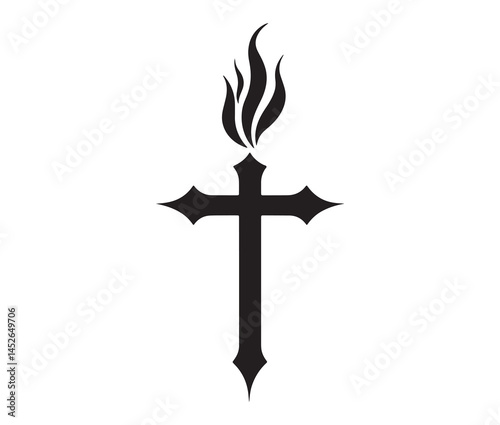 Pentecostal cross icon with fire. Minimalist pentecostal cross silhouette. 