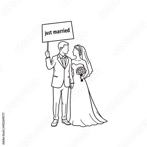 Newlywed couple holding Just Married sign, black and white illustration for wedding invitations