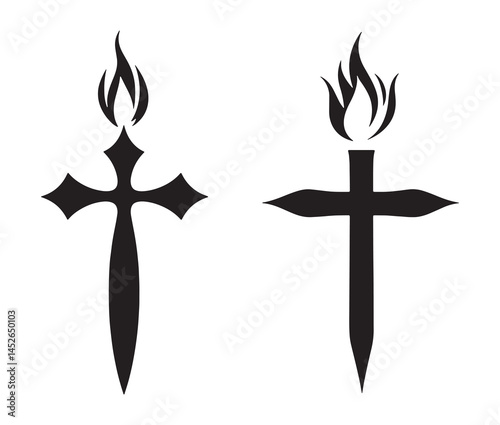 Pentecostal cross icon with fire. Minimalist pentecostal cross silhouette. 