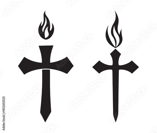 Pentecostal cross icon with fire. Minimalist pentecostal cross silhouette. 