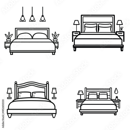 Four different bed styles in line art with transparent background for design elements