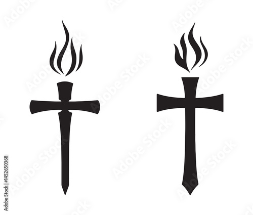 Pentecostal cross icon with fire. Minimalist pentecostal cross silhouette. 